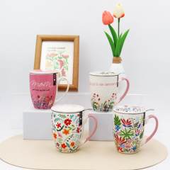 Beautiful  Flower Design Ceramic Chinese Tea Cup, Mother's Day Gift Mug with Infuser and Lid