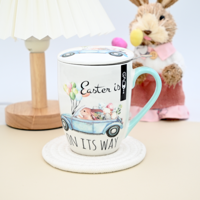 Custom 12oz  Bunny Ceramic Mug with Lid and Filter pink Green Gift Mug for Easter Day