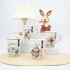 Custom 12oz  Bunny Ceramic Mug with Lid and Filter pink Green Gift Mug for Easter Day