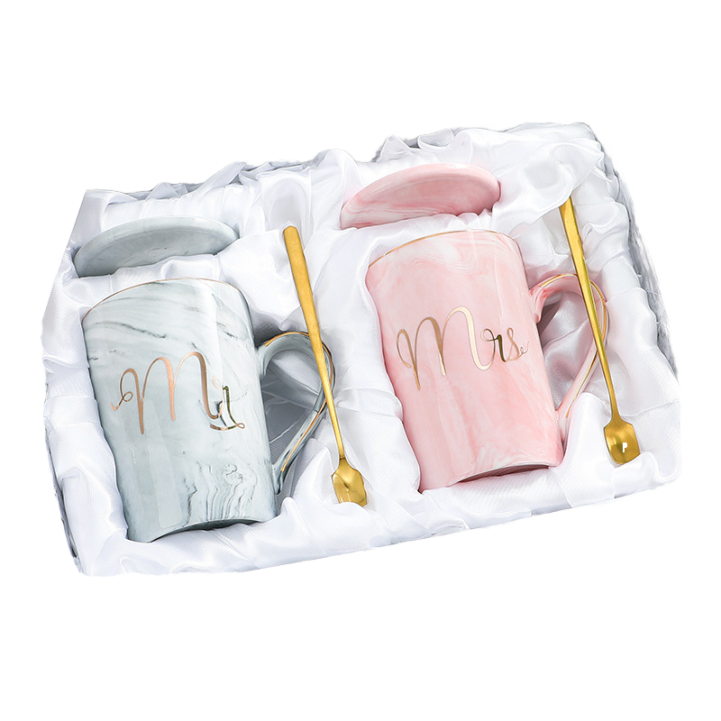 Custom logo European Marble Ceramic Mug Creative Wedding Gifts Mugs for Couple Coffee Mug Set