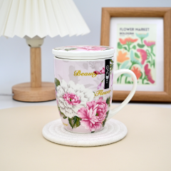 Wholesale Custom Nordic British Flower Decal Ceramic Green Tea Mugs with Lid