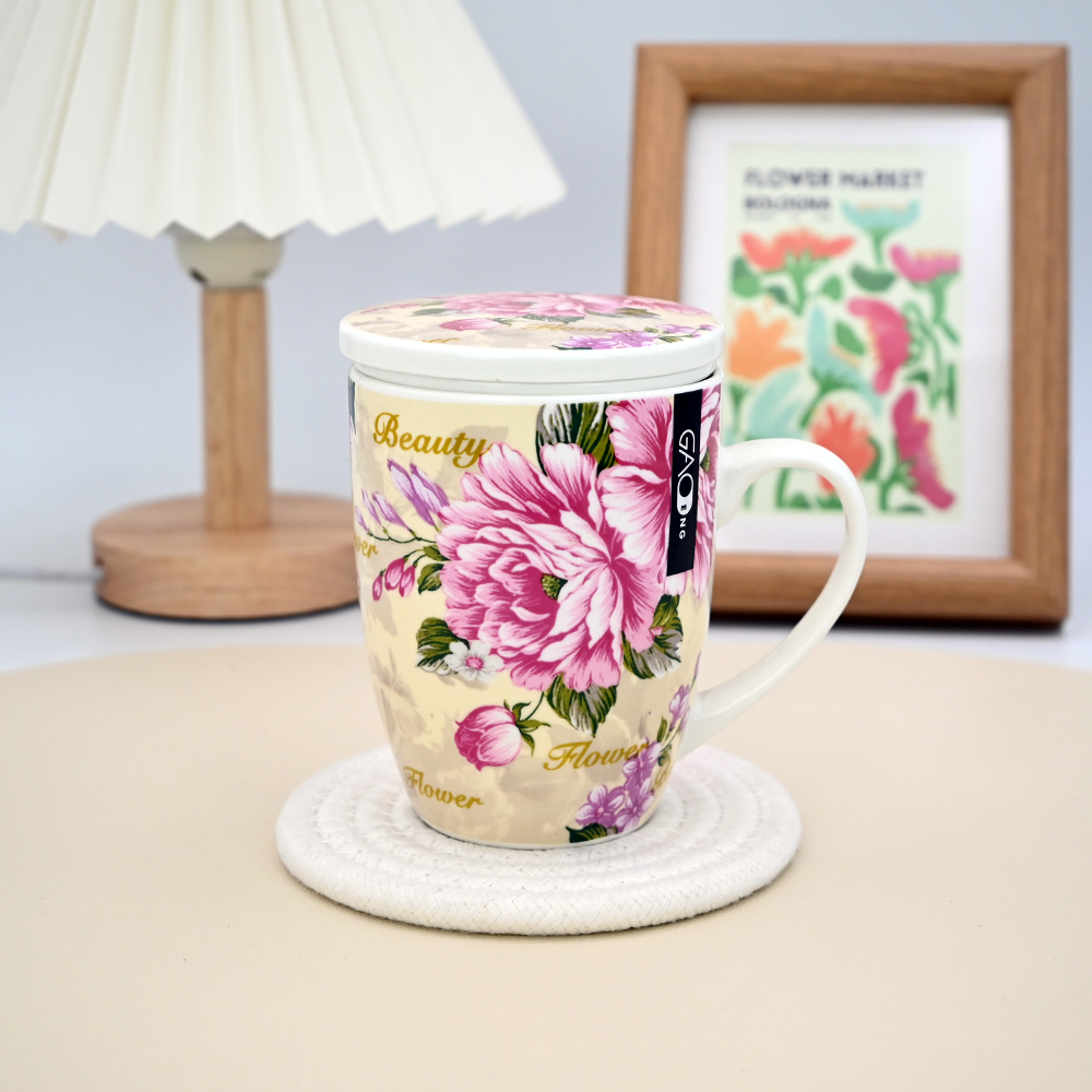 Wholesale Custom Nordic British Flower Decal Ceramic Green Tea Mugs with Lid