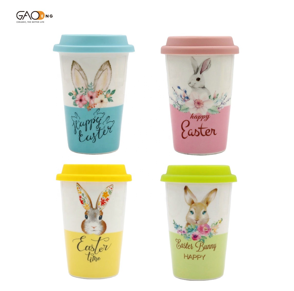 Happy Easter with Rabbits Design Factory Wholesale Customizable Ceramic Tea Mugs with Lid Porcelain Cup Without Handle