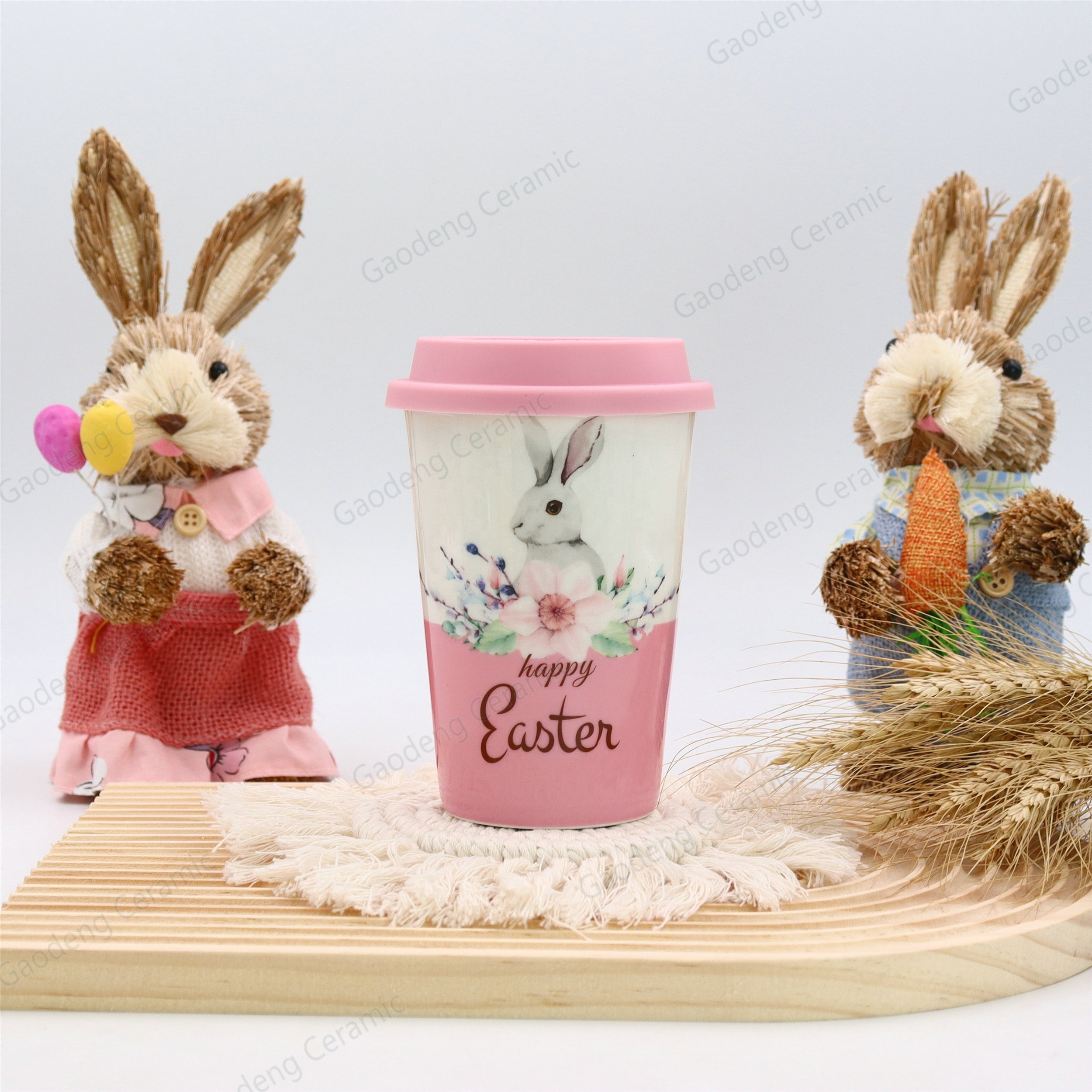 Happy Easter with Rabbits Design Factory Wholesale Customizable Ceramic Tea Mugs with Lid Porcelain Cup Without Handle