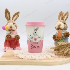 Happy Easter with Rabbits Design Factory Wholesale Customizable Ceramic Tea Mugs with Lid Porcelain Cup Without Handle