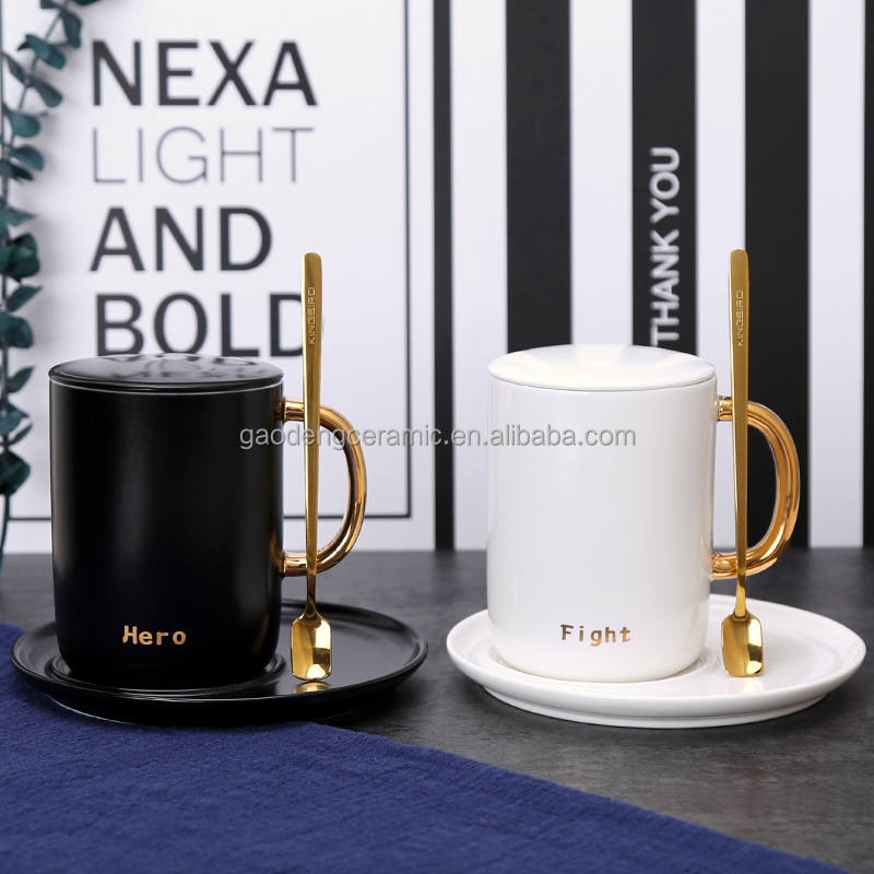 Turkish Coffee Cups Couple Ceramic Mugs with Lid Gift Mug with Gold Handle