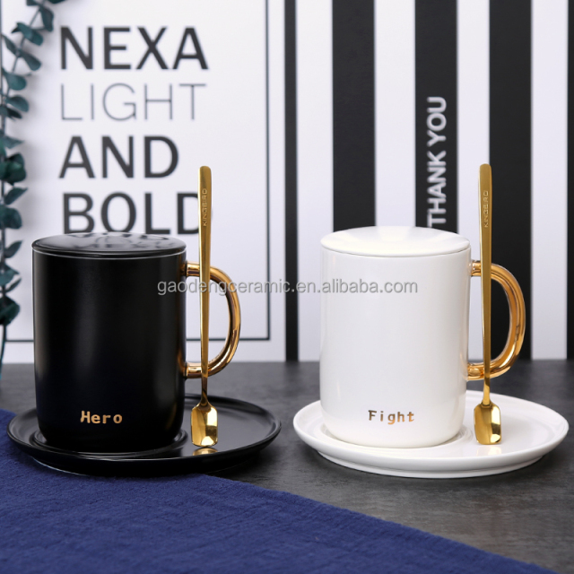 Turkish Coffee Cups Couple Ceramic Mugs with Lid Gift Mug with Gold Handle
