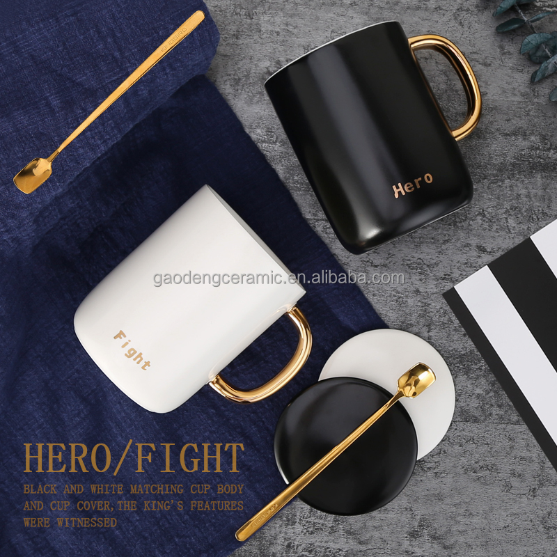 Turkish Coffee Cups Couple Ceramic Mugs with Lid Gift Mug with Gold Handle