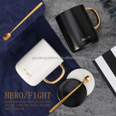 Turkish Coffee Cups Couple Ceramic Mugs with Lid Gift Mug with Gold Handle