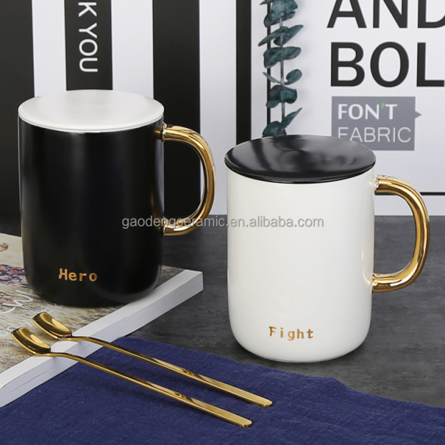 Turkish Coffee Cups Couple Ceramic Mugs with Lid Gift Mug with Gold Handle