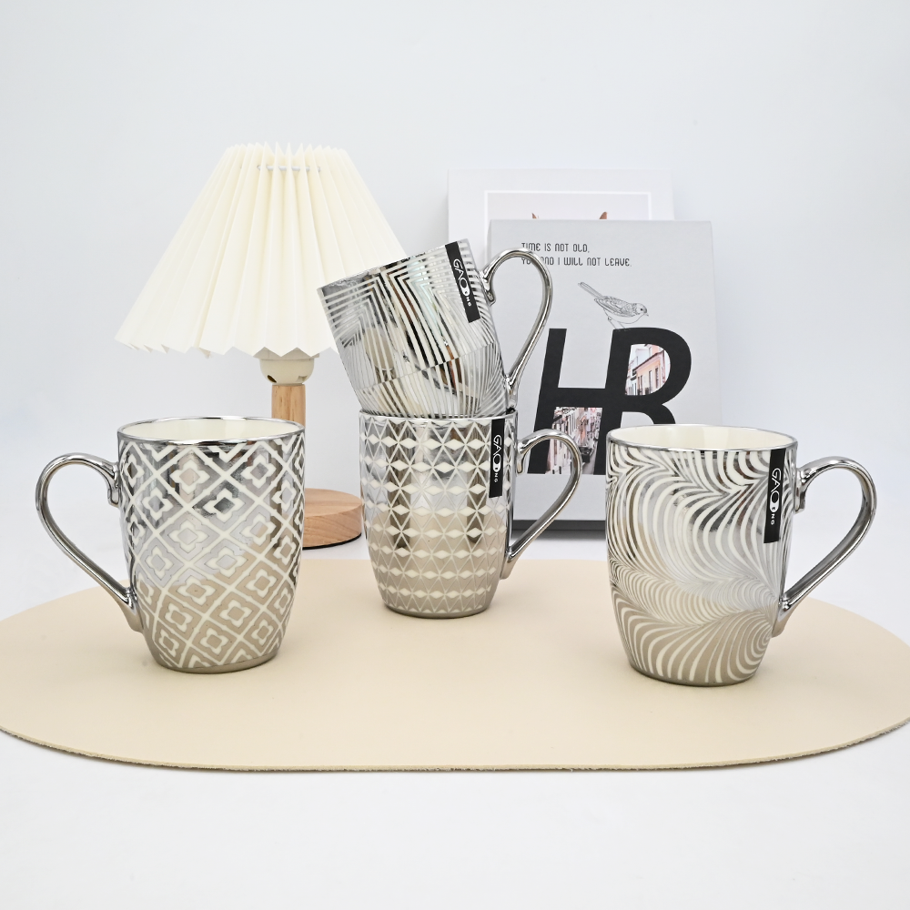 Light Luxury High Quality Silver Plating Ceramic Mug Custom logo Wholesale Silver Striped Mug