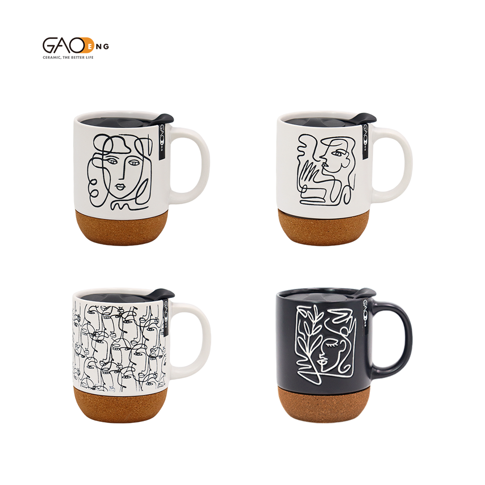 Custom Ceramic Cork Mug with Lid and Silkscreen Printing High Quality Ceramic Mugs