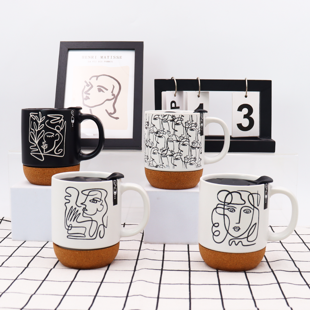 Custom Ceramic Cork Mug with Lid and Silkscreen Printing High Quality Ceramic Mugs