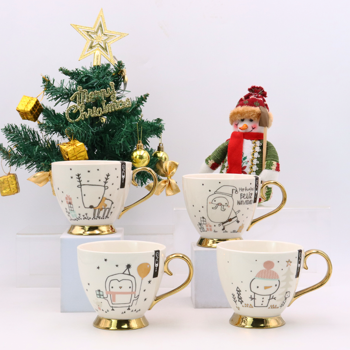 Christmas Design Ceramic Coffee Mug With Luxury Gold Handle & Foot,Custom Logo Xmas Gift Mug