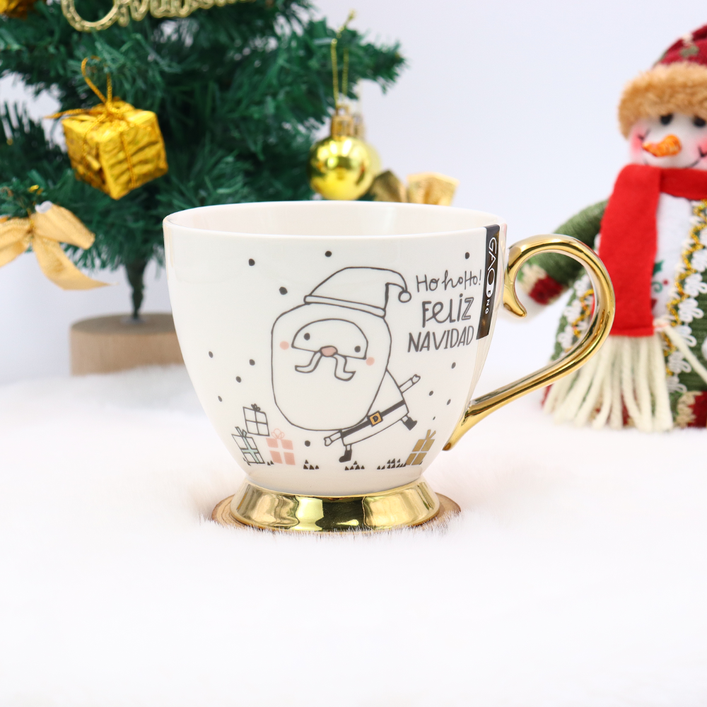Christmas Design Ceramic Coffee Mug With Luxury Gold Handle & Foot,Custom Logo Xmas Gift Mug