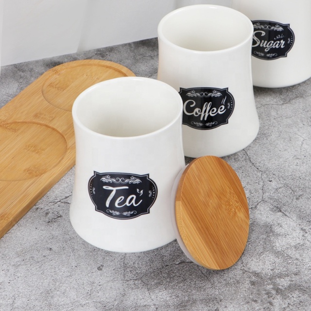 Customized Japan Style Storage Jar, Coffee Bean Tea Sugar Canister, Ceramic Sealed Tank With Airtight Bamboo Lid & Base