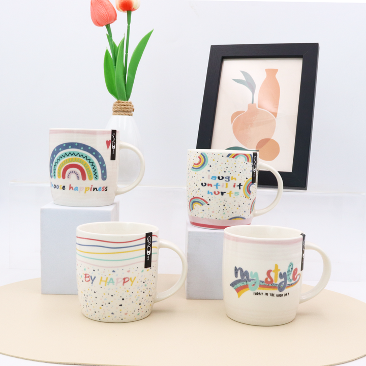 Promotional 12oz Ceramic Coffee Mugs with rainbow Design Custom New Bone China Cups