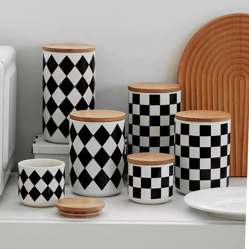 Modern Kitchenware Black Plaid Series Ceramic Canister Round Food Storage Container Tea Coffee Sugar Canisters With Bamboo Lid