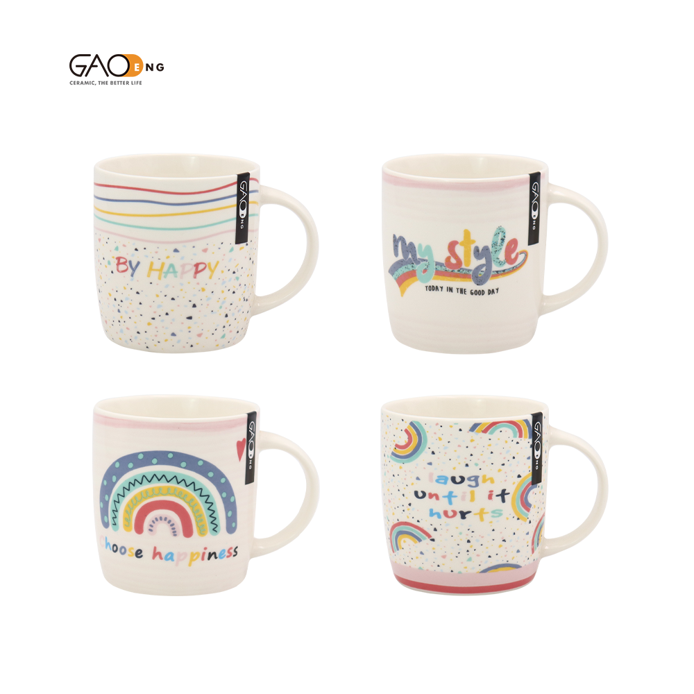 Promotional 12oz Ceramic Coffee Mugs with rainbow Design Custom New Bone China Cups