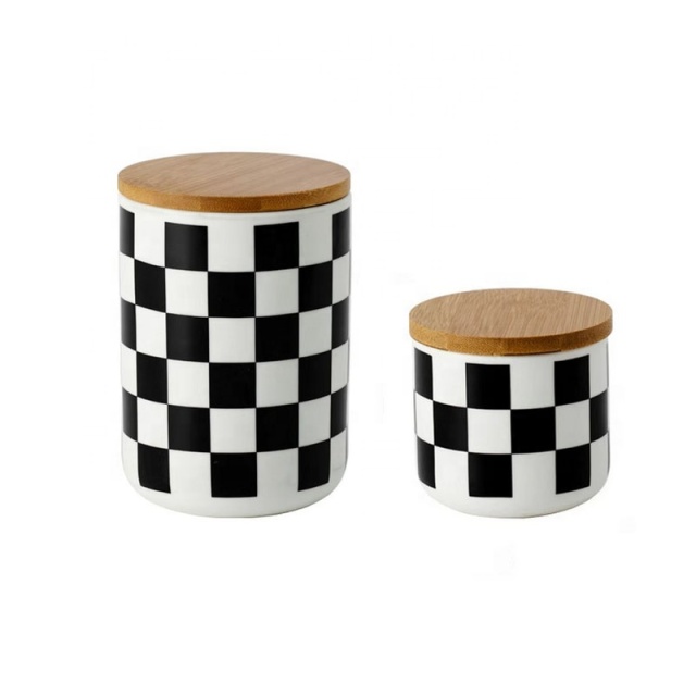 Modern Kitchenware Black Plaid Series Ceramic Canister Round Food Storage Container Tea Coffee Sugar Canisters With Bamboo Lid