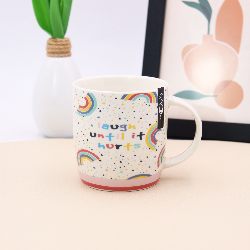 Promotional 12oz Ceramic Coffee Mugs with rainbow Design Custom New Bone China Cups