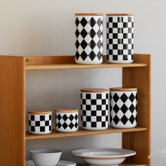 Modern Kitchenware Black Plaid Series Ceramic Canister Round Food Storage Container Tea Coffee Sugar Canisters With Bamboo Lid