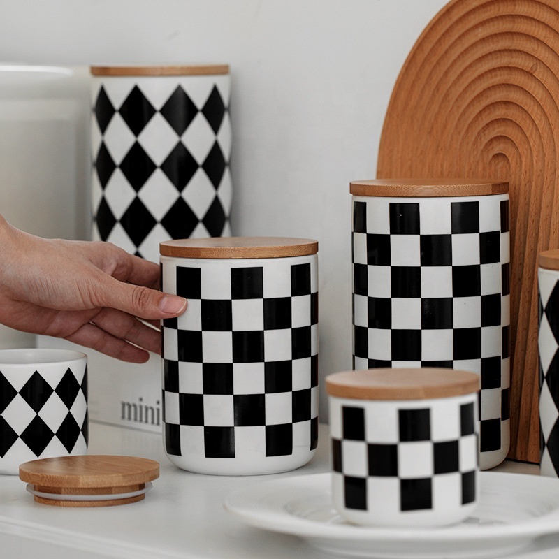 Modern Kitchenware Black Plaid Series Ceramic Canister Round Food Storage Container Tea Coffee Sugar Canisters With Bamboo Lid