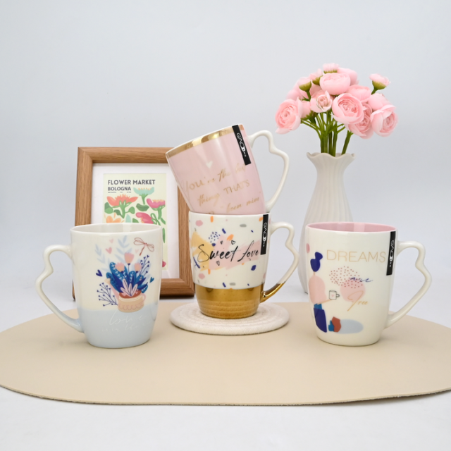 11oz Microwave Oven Safety High Quality Gold Plated Ceramic Coffee Cups with Unique Handles