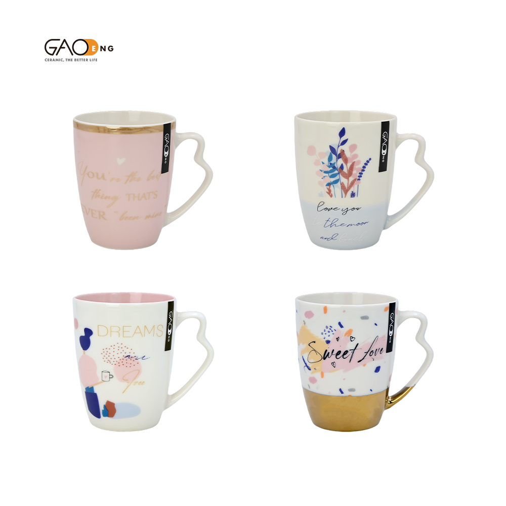 11oz Microwave Oven Safety High Quality Gold Plated Ceramic Coffee Cups with Unique Handles