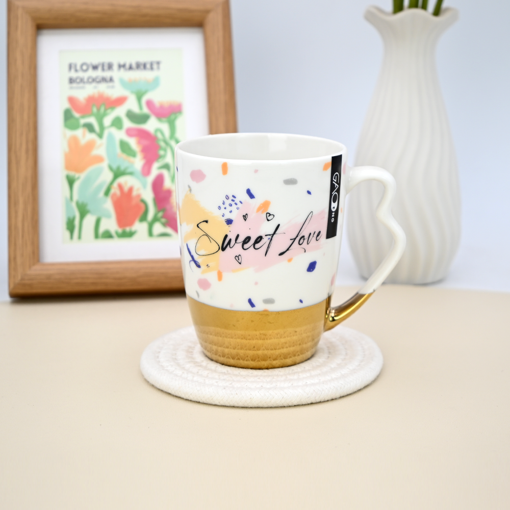 11oz Microwave Oven Safety High Quality Gold Plated Ceramic Coffee Cups with Unique Handles