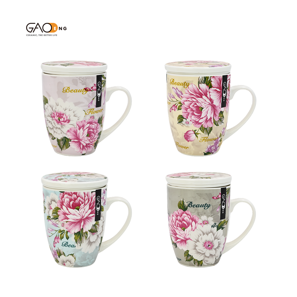 Wholesale Custom Nordic British Flower Decal Ceramic Green Tea Mugs with Lid