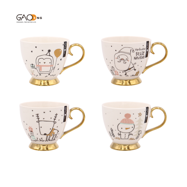 Christmas Design Ceramic Coffee Mug With Luxury Gold Handle & Foot,Custom Logo Xmas Gift Mug