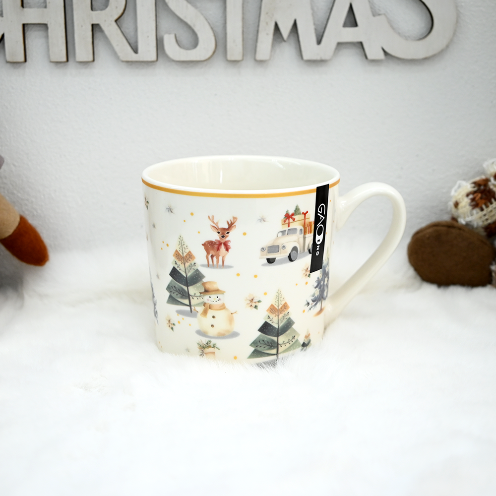 Christmas Ceramic Dinnerware Set with Gold Rim, Reindeer Snowman Xmas Tree Porcelain Plates Bowls Mugs Teapot, Holiday Table Decor Gift