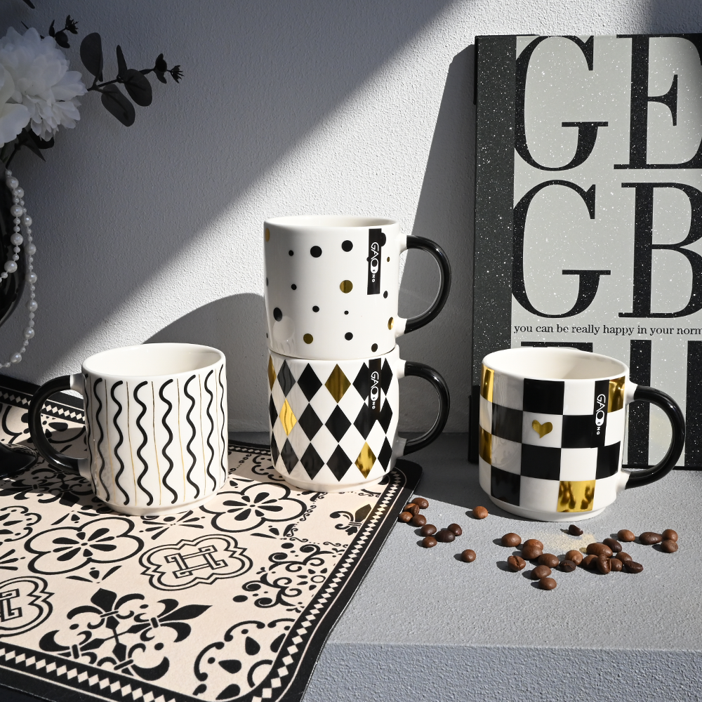 Wholesale Modern Black White Gold Ceramic Mug Set Geometric Diamond Wave Polka Dot Checkerboard Porcelain Coffee Mugs Custom Logo Home Drinkware Gift