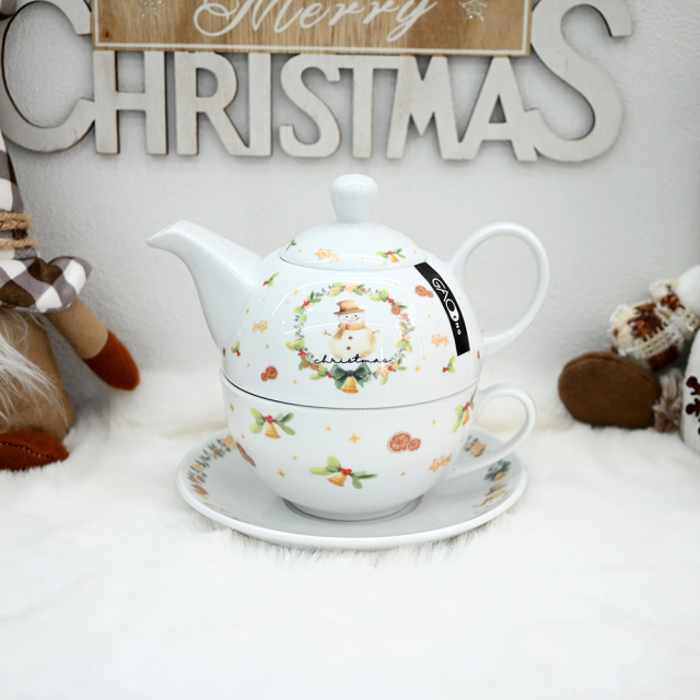 Christmas Ceramic Dinnerware Set with Gold Rim, Reindeer Snowman Xmas Tree Porcelain Plates Bowls Mugs Teapot, Holiday Table Decor Gift