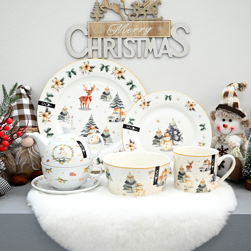 Christmas Ceramic Dinnerware Set with Gold Rim, Reindeer Snowman Xmas Tree Porcelain Plates Bowls Mugs Teapot, Holiday Table Decor Gift