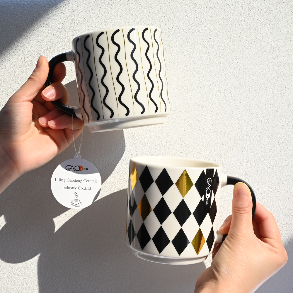 Wholesale Modern Black White Gold Ceramic Mug Set Geometric Diamond Wave Polka Dot Checkerboard Porcelain Coffee Mugs Custom Logo Home Drinkware Gift