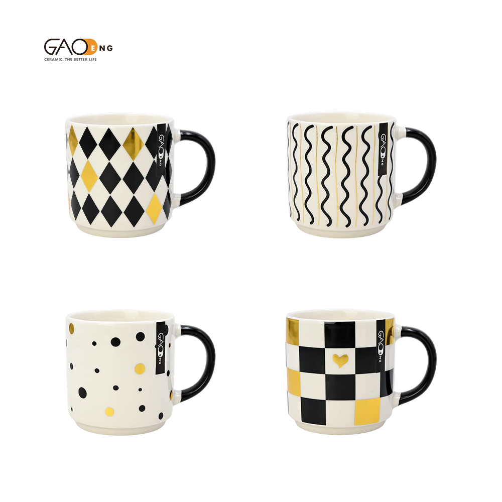 Wholesale Modern Black White Gold Ceramic Mug Set Geometric Diamond Wave Polka Dot Checkerboard Porcelain Coffee Mugs Custom Logo Home Drinkware Gift
