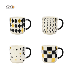 Wholesale Modern Black White Gold Ceramic Mug Set Geometric Diamond Wave Polka Dot Checkerboard Porcelain Coffee Mugs Custom Logo Home Drinkware Gift