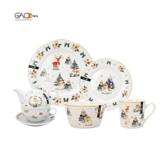 Christmas Ceramic Dinnerware Set with Gold Rim, Reindeer Snowman Xmas Tree Porcelain Plates Bowls Mugs Teapot, Holiday Table Decor Gift