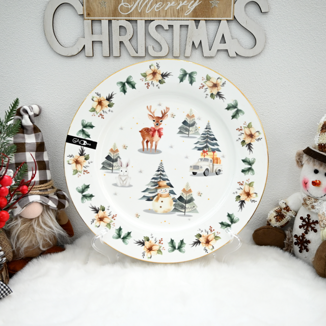 Christmas Ceramic Dinnerware Set with Gold Rim, Reindeer Snowman Xmas Tree Porcelain Plates Bowls Mugs Teapot, Holiday Table Decor Gift