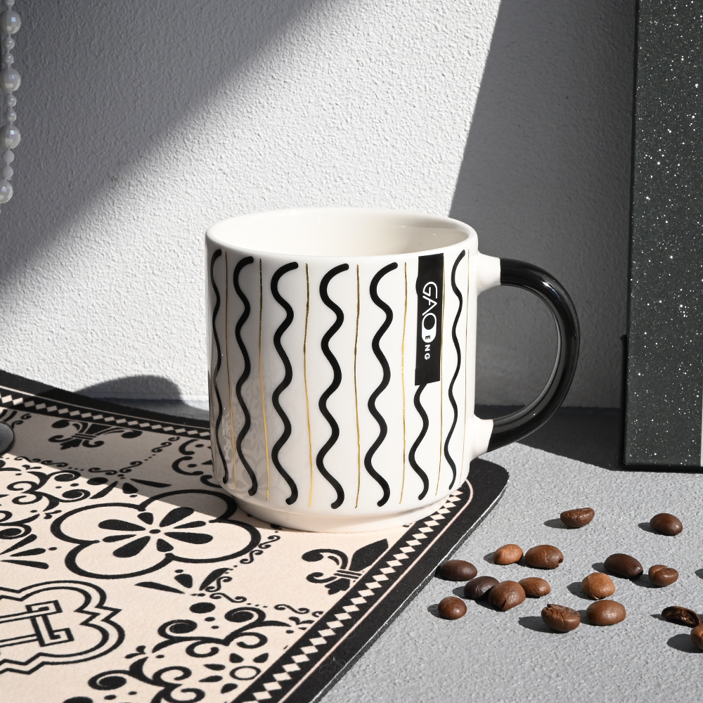 Wholesale Modern Black White Gold Ceramic Mug Set Geometric Diamond Wave Polka Dot Checkerboard Porcelain Coffee Mugs Custom Logo Home Drinkware Gift