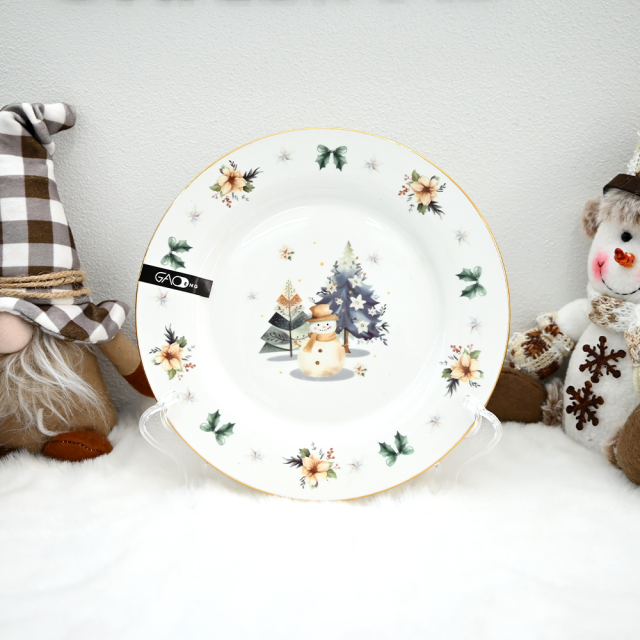 Christmas Ceramic Dinnerware Set with Gold Rim, Reindeer Snowman Xmas Tree Porcelain Plates Bowls Mugs Teapot, Holiday Table Decor Gift