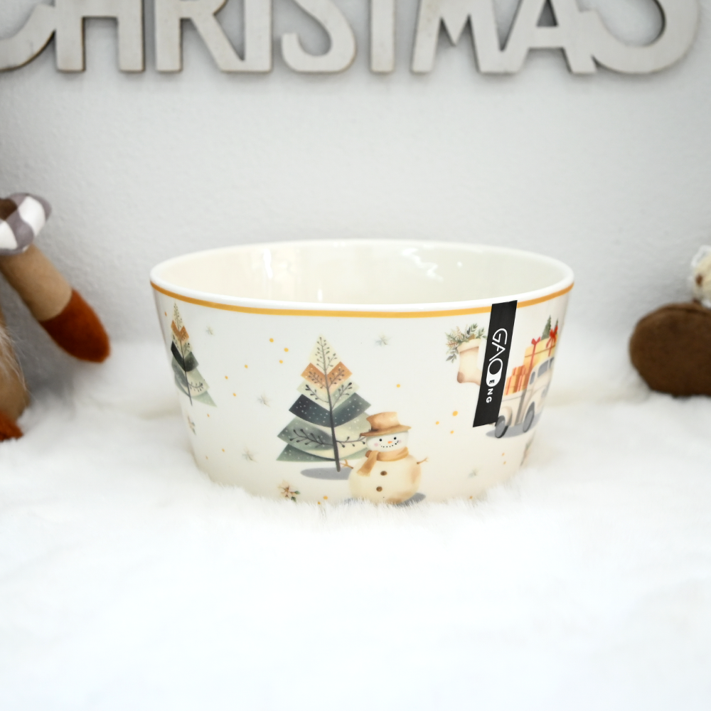 Christmas Ceramic Dinnerware Set with Gold Rim, Reindeer Snowman Xmas Tree Porcelain Plates Bowls Mugs Teapot, Holiday Table Decor Gift