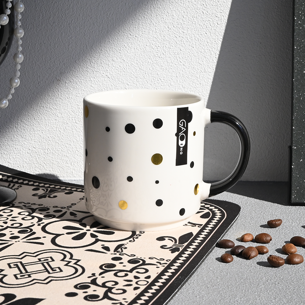 Wholesale Modern Black White Gold Ceramic Mug Set Geometric Diamond Wave Polka Dot Checkerboard Porcelain Coffee Mugs Custom Logo Home Drinkware Gift