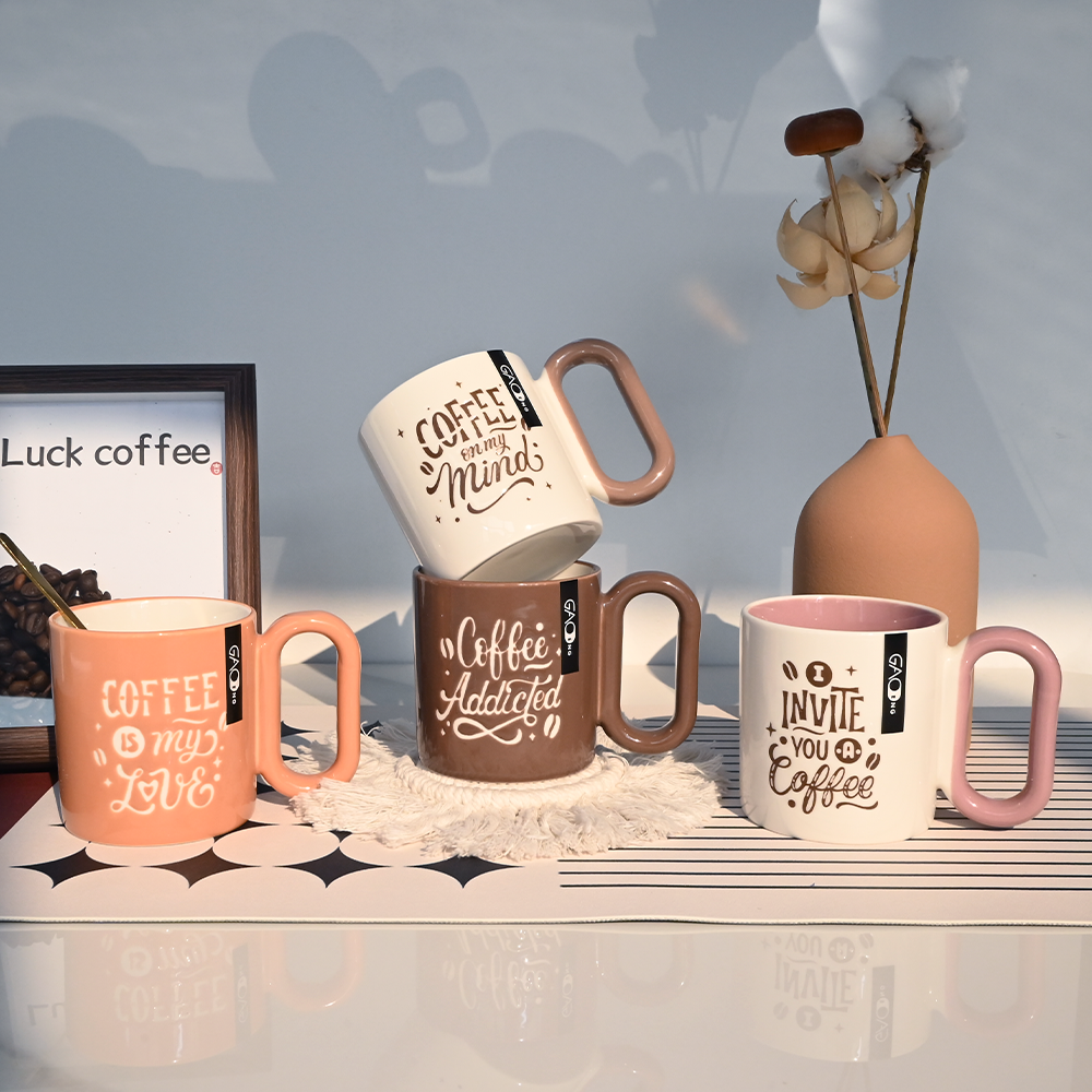 GaoDeng Creative Big Loop Handle Ceramic Coffee Mug Vintage Coffee Letter Print Two-tone Interior Tea Cup Ins Style Home Office Water Cup Gift Mug