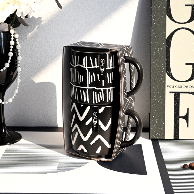 Black Matte Ceramic Coffee Mug Hand Painted Abstract Geometric Line Art Water Cup Nordic Ins Home Office Drinkware Gift Mug