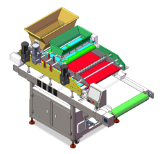 automatic seed and grain sprinkling machine for bread tops
uniform topping depositor for sesame and poppy seeds on buns
industrial sprinkler for bakery products using a vibrating conveyor
