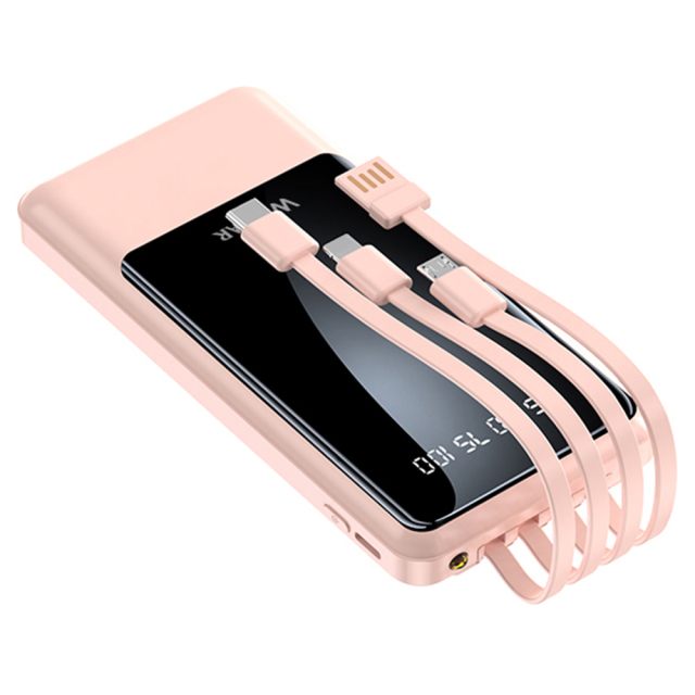 Slim 10000mAh Power Bank with Built-in Cables & Digital Display