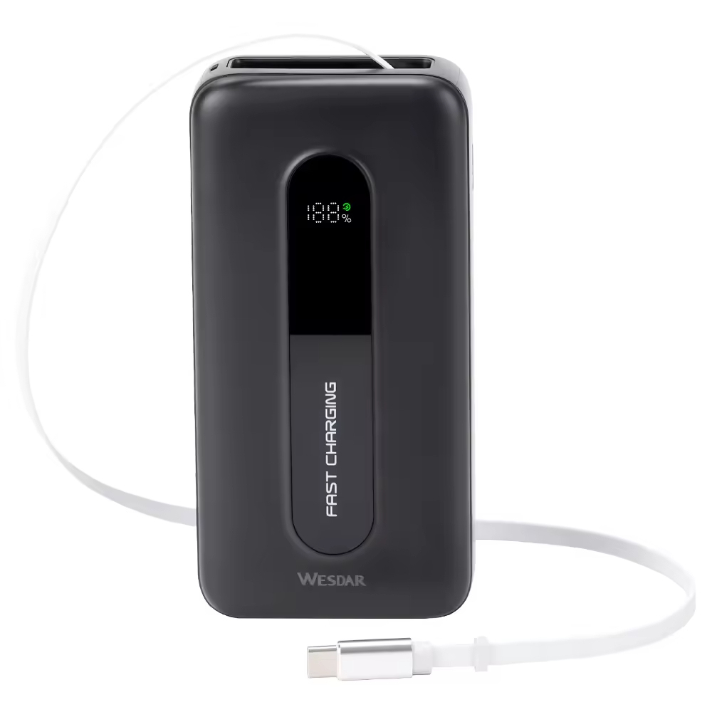Power Bank 20000mah LED Screen with Retractable Type-C Charging Cable